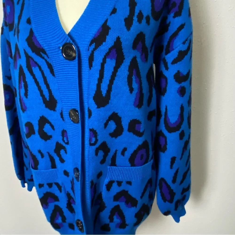 Sugar Lips Blue Animal Print Oversized Long Knit Cardigan Women's Size Medium